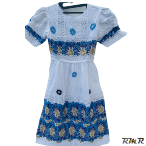 Robe longue brodé coton avec garniture en bleu/ blanc, et serre tête. T7ans (tenue africaine)