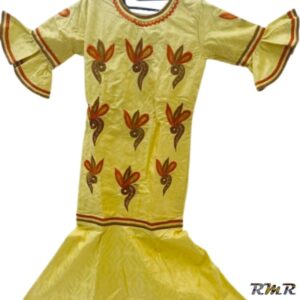 Robe longue bazin jaune avec broderie avec une jupe T8ans (tenue africaine)