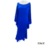 Tenue africaine : Robe longue en soie glacée style tunique de couleur bleu de nuit avec perlage au niveau de la poitrine. (tenue africaine)