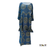 Ensemble jupe et haut en wax de couleur bleu/noire dominante avec son foulard, à manche 3/4. T48 (tenue africaine)