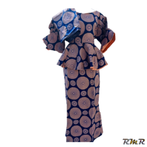 Ensemble jupe et taille basse en wax bleu/orange à manche courte avec foulard. T46/48 (tenue africaine)