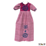 Robe longue bazin brodé rose claire / foncée, avec broderie bleu à manche courte. T7ans (tenue africaine)