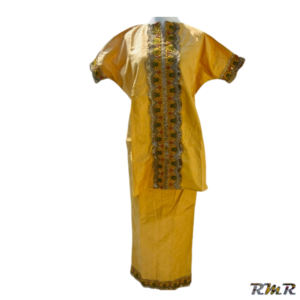 Ensemble petit boubou manche courte et jupe bazin jaune (tenue africaine)