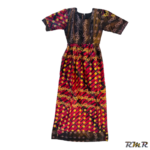 Robe longue en thioup palmate de couleur marron, rouge et doré à manche courte. T32 (tenue africaine)