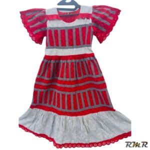 Robe longue bazin gris avec garniture rouge/gris T5ans (tenue africaine)