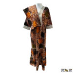 Robe longue à manche courte en wax marron/noire avec garniture en satin beige avec perle sur le cou, (tenue africaine)