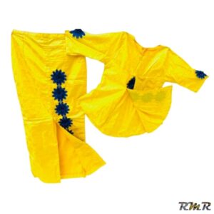 Ensemble jupe et haut en bazin jaune avec garniture bleu avec foulard. T36 (tenue africaine)