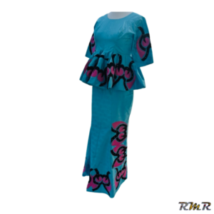 Ensemble jupe et taille basse en getzner bleu broderie rose/noir à manche 3/4. T36/38 (tenue africaine)