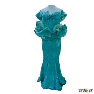 Ensemble jupe et taille basse en forme de bustier à lacets dans le dos en tissus de cérémonie vert d'eau sans manche. T36 (tenue africaine)