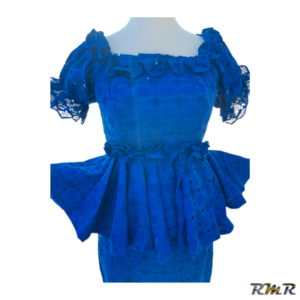 Ensemble jupe et taille basse en brodé bleu manche courte. T36 (tenue africaine)