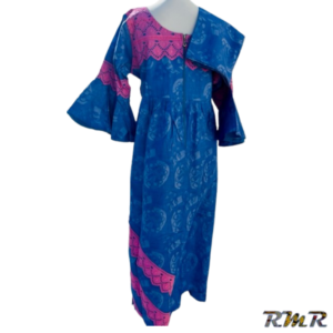 Robe longue en bazin bleu et manche 3/4. T48 (tenue africaine)