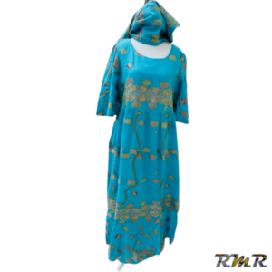 Robe longue de couleur bleue avec garniture rose marron. T48 (tenue africaine)