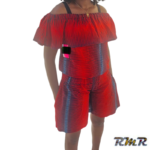 Combishort court col bardot en wax de couleur rouge dominante. T36 (tenue africaine)