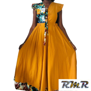Robe longue : Patch de soie et pagne africain jaune (tenue africaine)