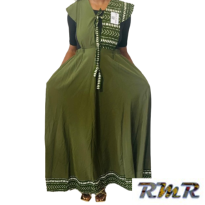 Robe longue : Patch de soie et pagne africain vert olive (tenue africaine)