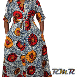 Robe Chemise en Pagne ( Wax) avec balles Orange et rouge - M/L