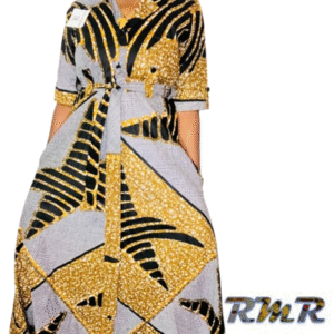 Robe Chemise en Pagne ( Wax) fond gris avec motif jaune et noir - M / L