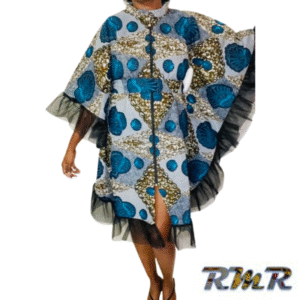 Robe boubou courte  en Pagne ( Wax) bleu et noir - S/M/L