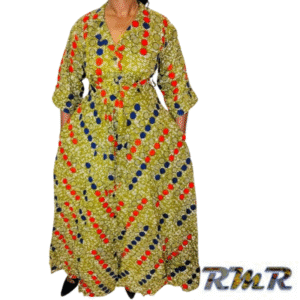 Robe Chemise en Pagne ( Wax) fond orange avec des ronds rouges et bleus - M / L