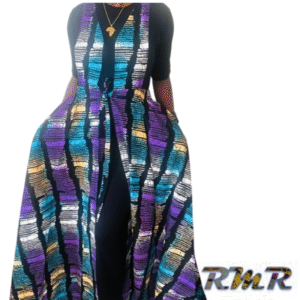 Robe longue : Robe salopette ouverte en wax de couleur multi couleur violet et bleu