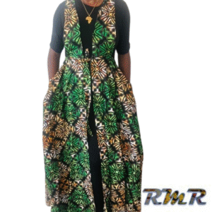 Robe longue : Robe salopette ouverte en wax de couleur multi couleur verte