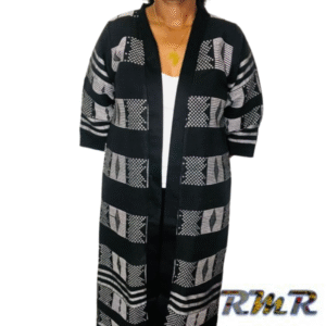 Manteau en pagne tissé mi-long noir et blanc - S/M/L