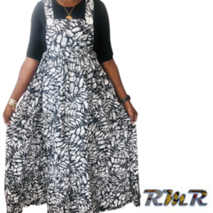 Robe longue : Robe salopette en wax de couleur noir et blanc