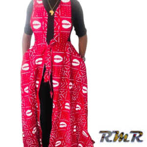 Robe longue : Robe salopette ouverte en wax de couleur multi couleur rouge