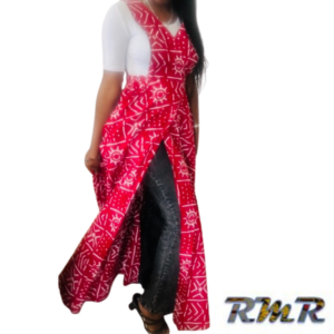 Robe longue : Robe salopette ouverte en wax de couleur multi couleur rouge