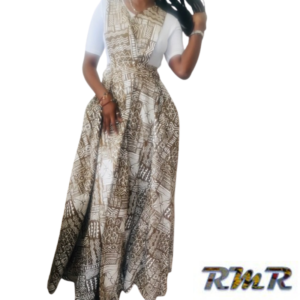 Robe longue : Robe salopette ouverte en wax de couleur multi couleur marron